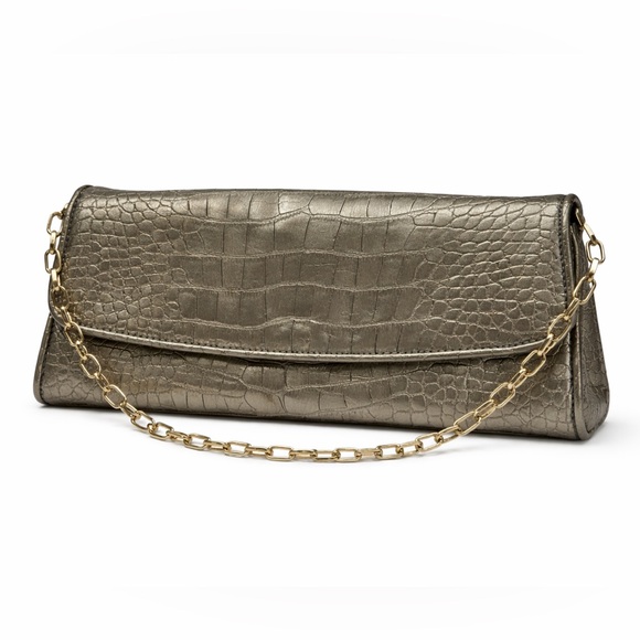 LOFT Handbags - Ann Taylor LOFT Faux Alligator Clutch Pewter Metallic Chain Strap Evening Bag